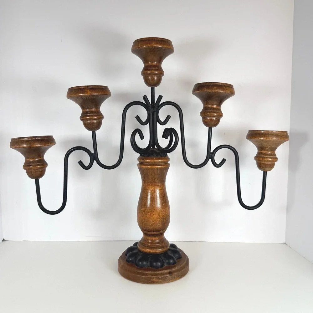 Vintage‎ Wood Metal Candelabra 5 Candle Holder Tabletop Decor Accent castlecore